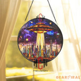 UFO Stained Glass Suncatcher Sci-Fi Alien Spaceship Window Panel Futuristic City Skyline Art Galaxy Outer Space Gift